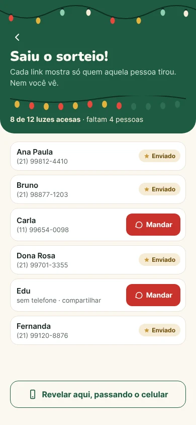 A tela Enviar: uma linha por pessoa, com o botão Mandar e o selo Enviado.